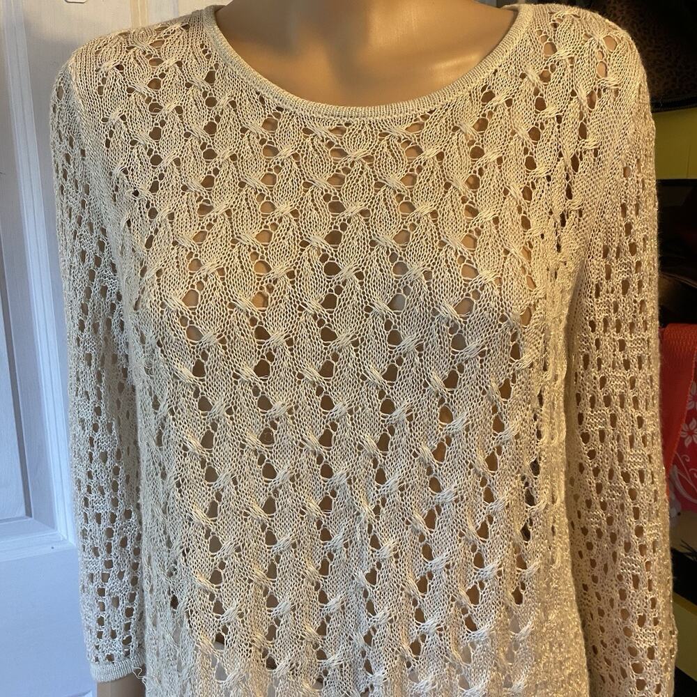 Chicos Travelers Open Knit Tunic Top Sz 2/M Ivory Silver Beach Largenlook Boho - Picture 6 of 8